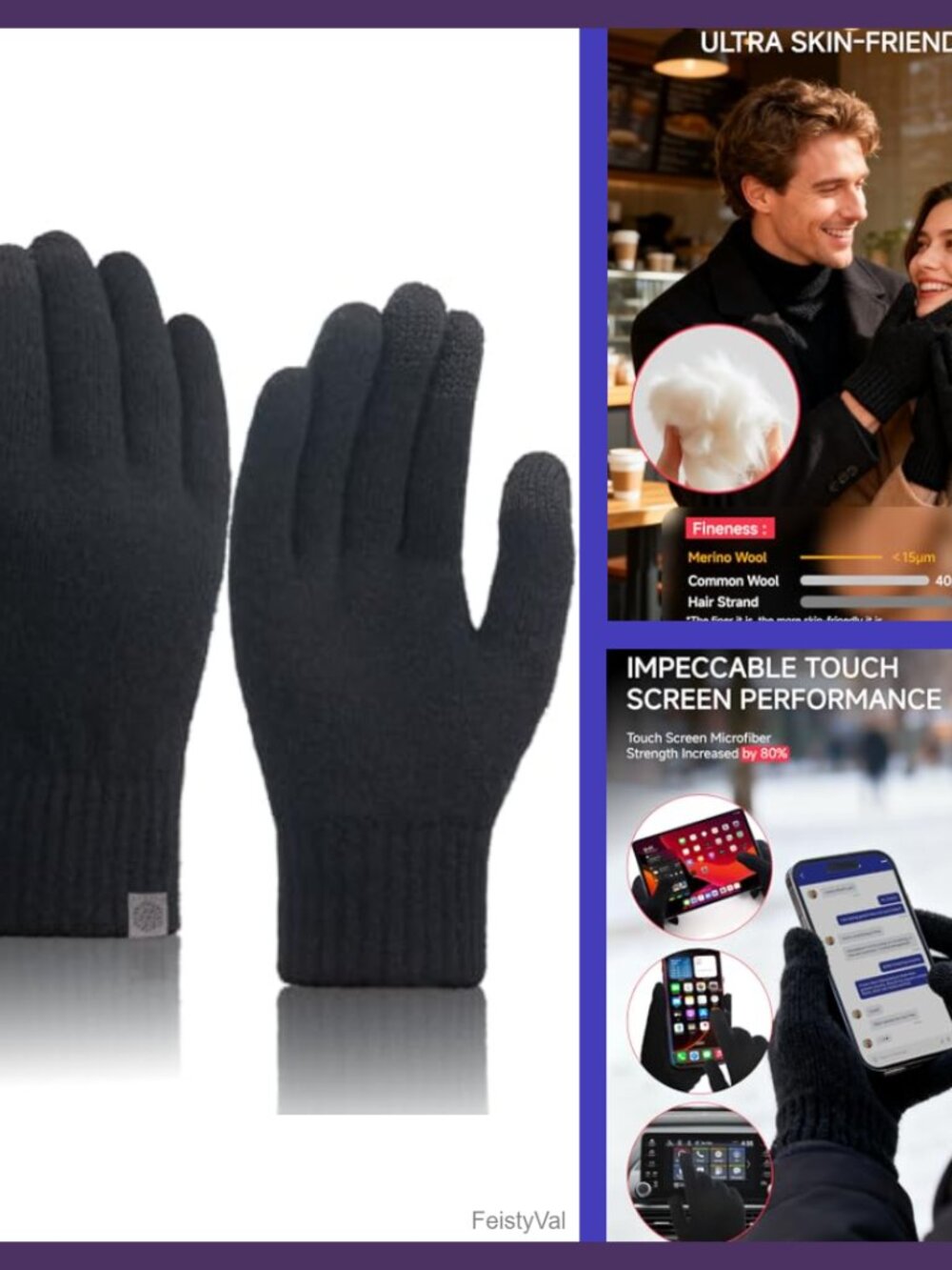 100% Merino Wool Touchscreen Winter Gloves Thermal Warm Knit Unisex Gift